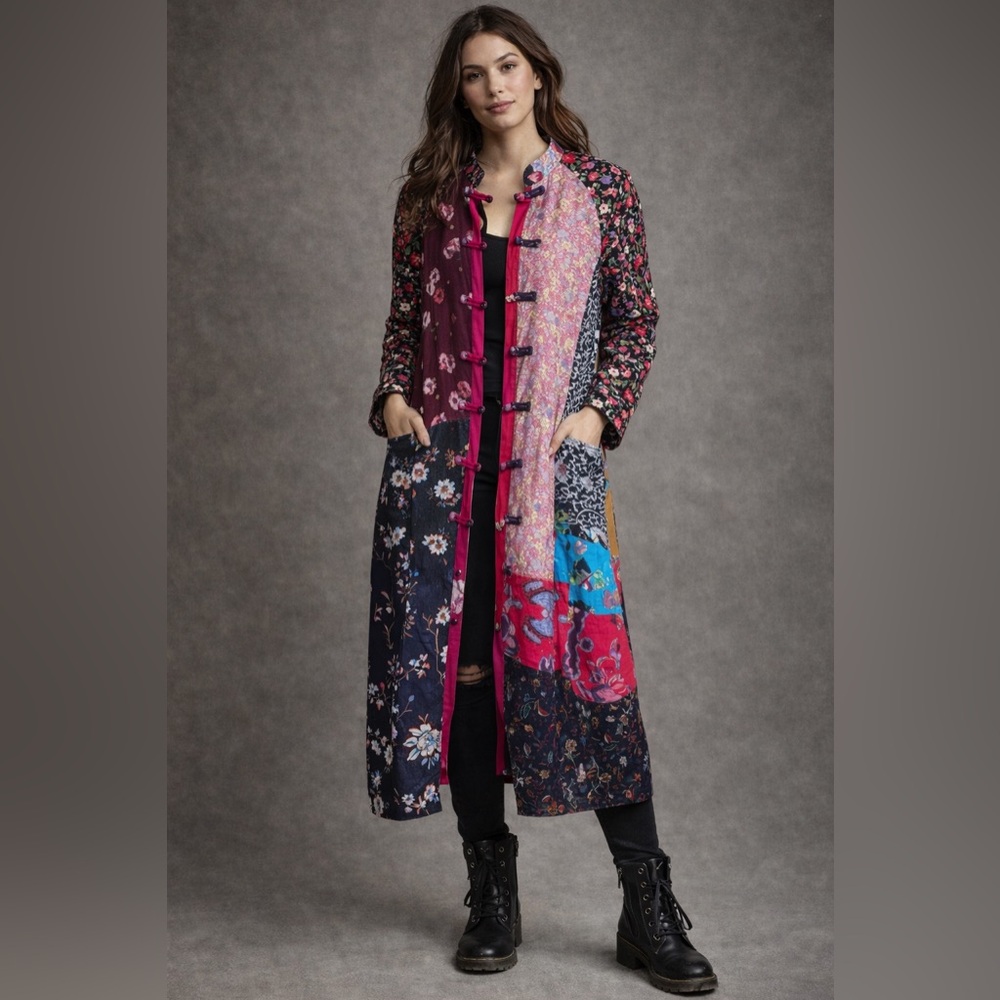 Floral Patchwork Linen Blend Duster Coat